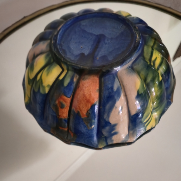 Vintage Oaxacan Dripware Scalloped Ceramic Bowl - Blue, Orange, Yellow - Picture 4 of 7